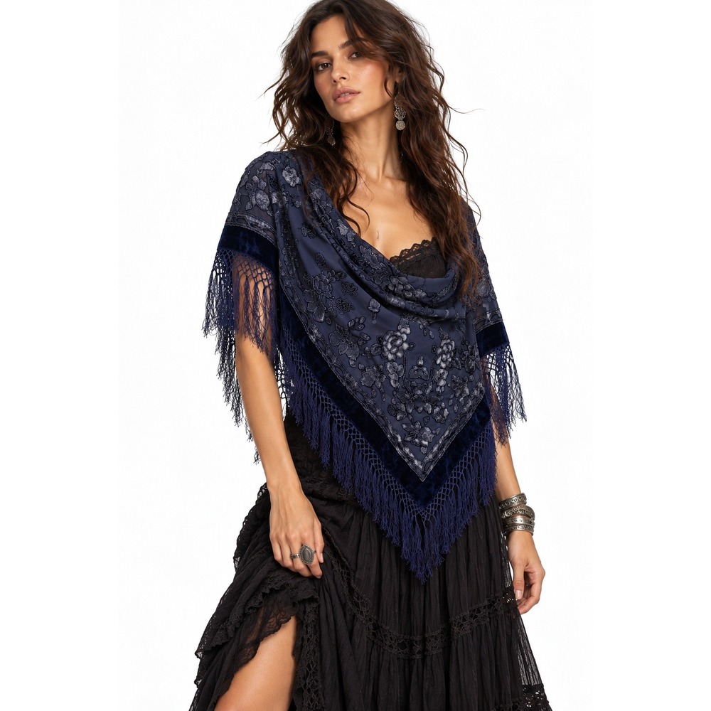 Vintage Silk Devore Floral Burnout Piano Shawl Metallic Fringe Dark Romantic